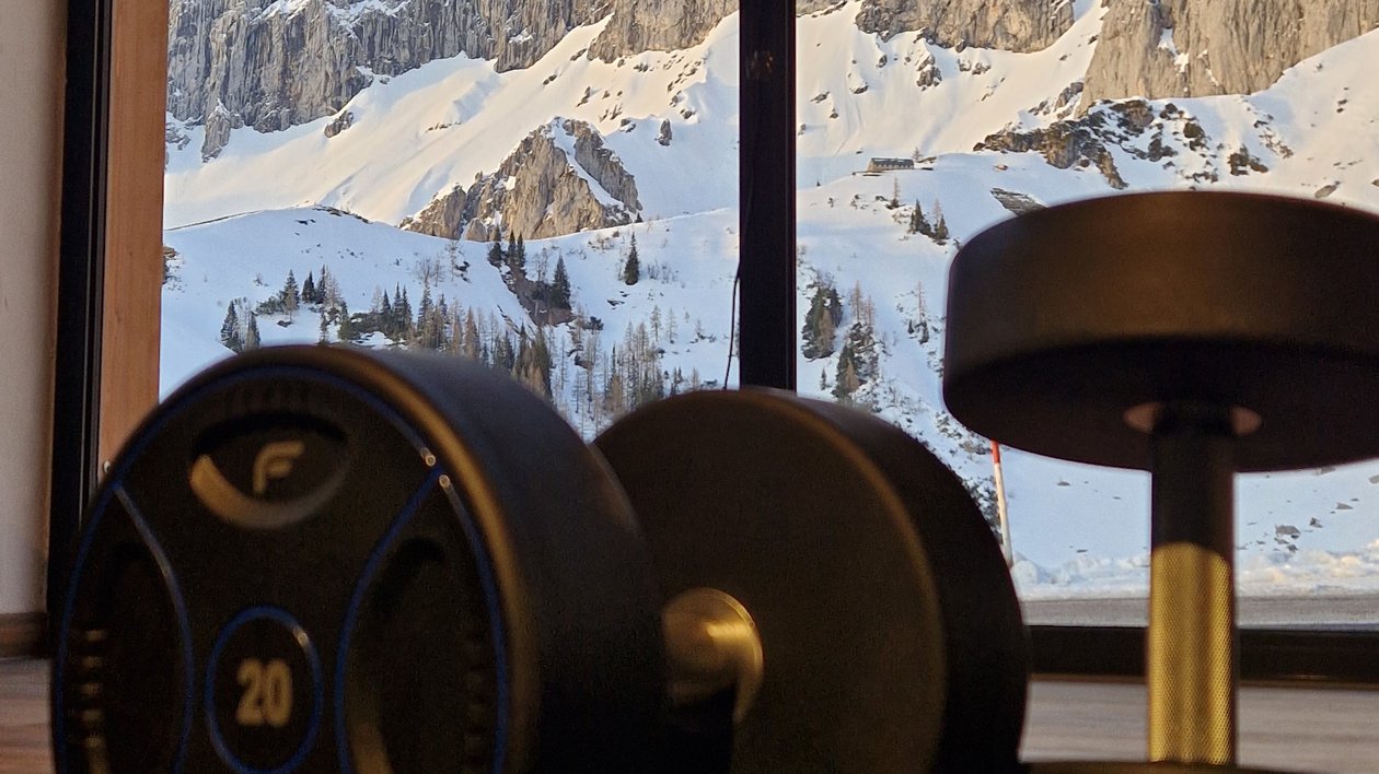 Zwei Hanteln auf einer Matte vor einem großen Fenster mit schneebedeckten Bergen im Hintergrund.