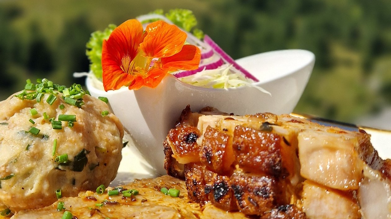 Gourmetkunst in Berglandschaft Plattiertes Gericht mit Fleisch, Beilage und essbarer Blüte vor Bergkulisse in Ramsau am Dachstein