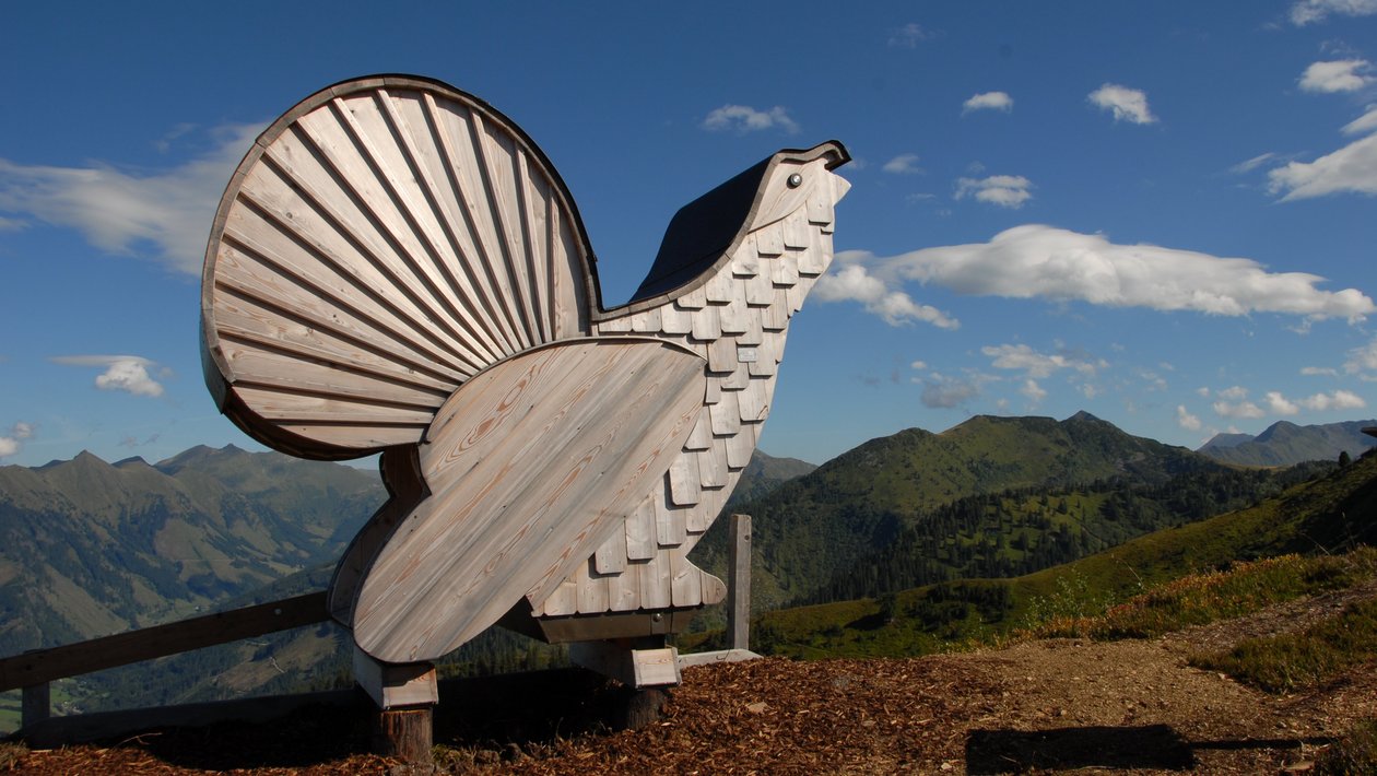 Holzskulptur in den Bergen Eine große Holzskulptur eines Vogels vor einer Berglandschaft und blauem Himmel.
