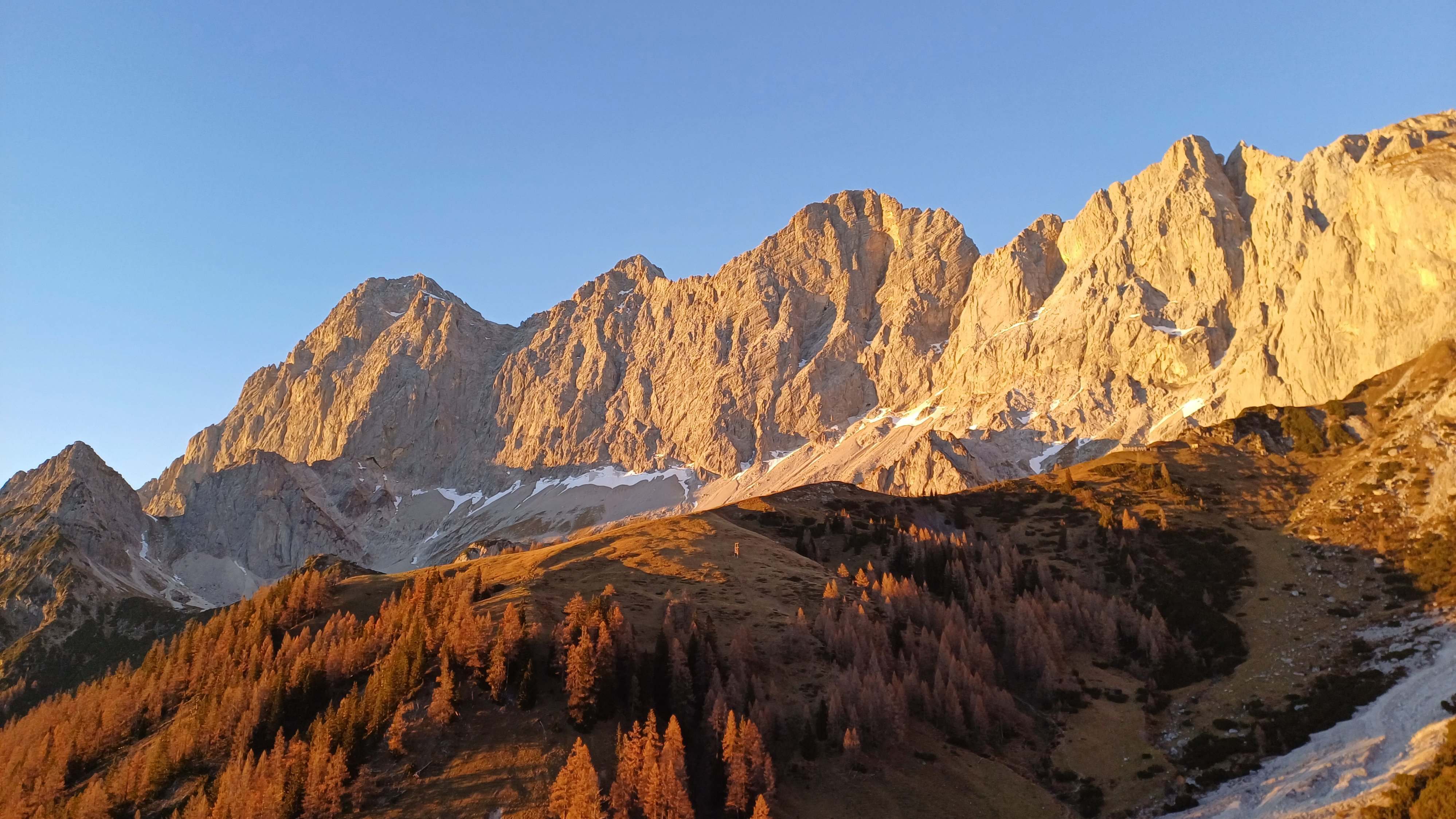 Rugged mountains under warm sunset light with foreground trees and rocky terrain