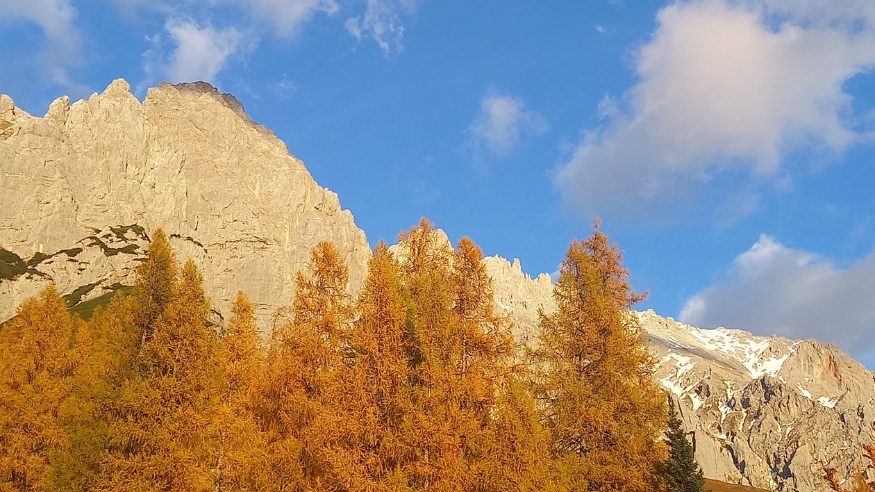 Autumn Serenity in the Mountains A scenic view of mountains with vibrant autumn foliage under a clear blue sky with clouds