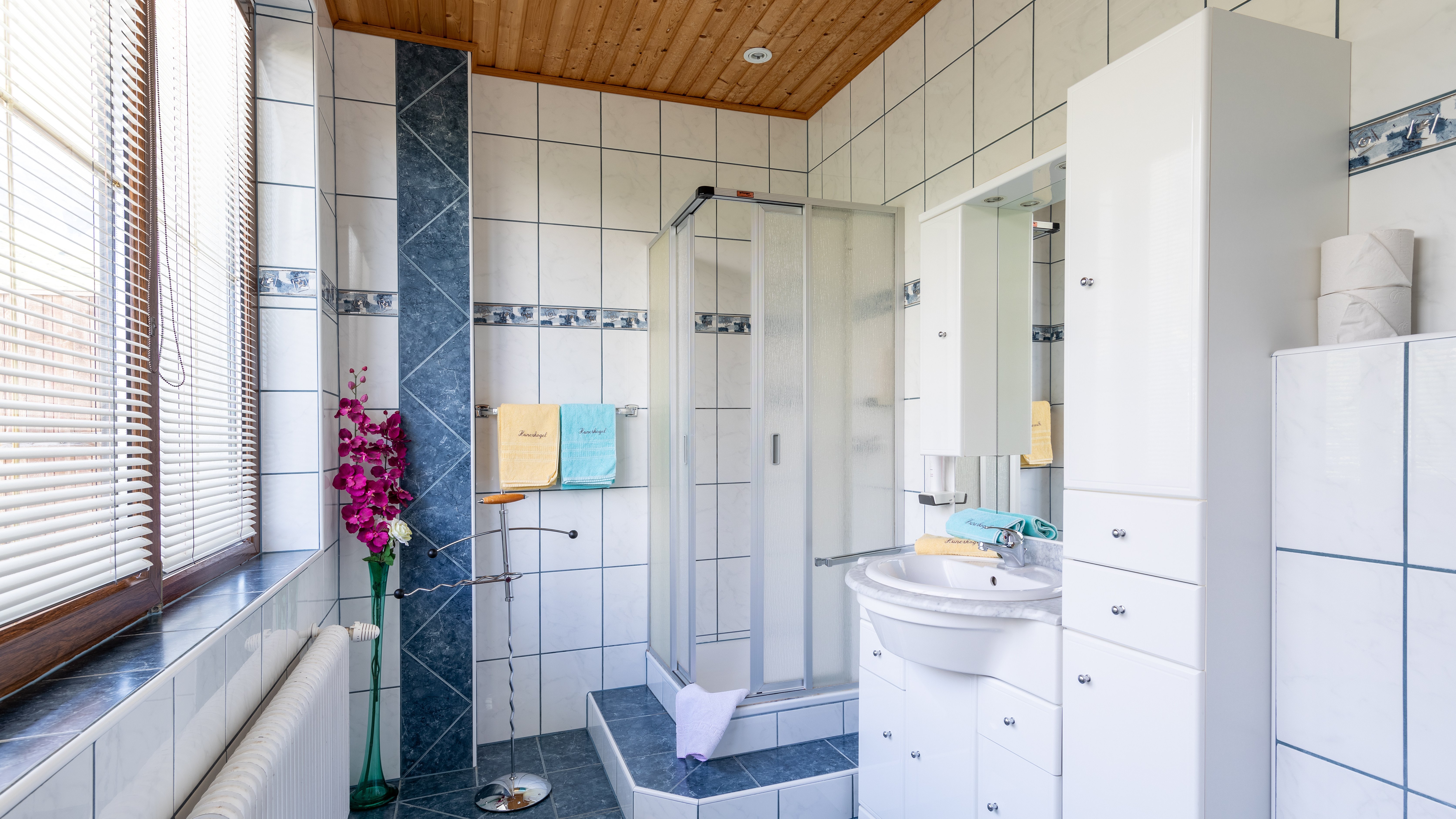 Badezimmer mit Dusche, Waschbecken und Fenster mit Jalousien. Einrichtungsgegenstände sichtbar.
