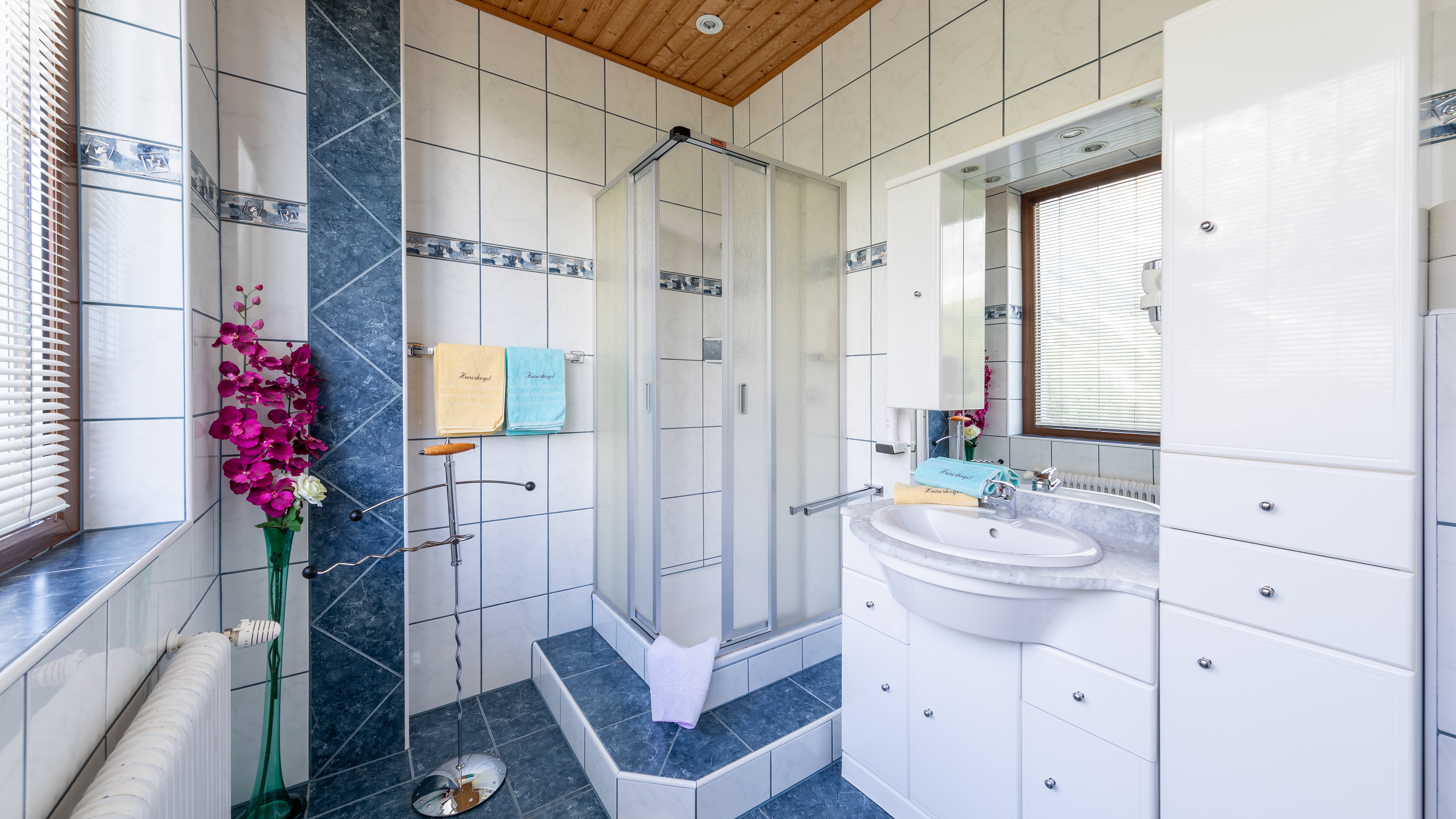 Ein elegantes Badezimmer mit einer Glastür-Dusche und einem Waschbecken auf einem modernen Holzwaschtisch.