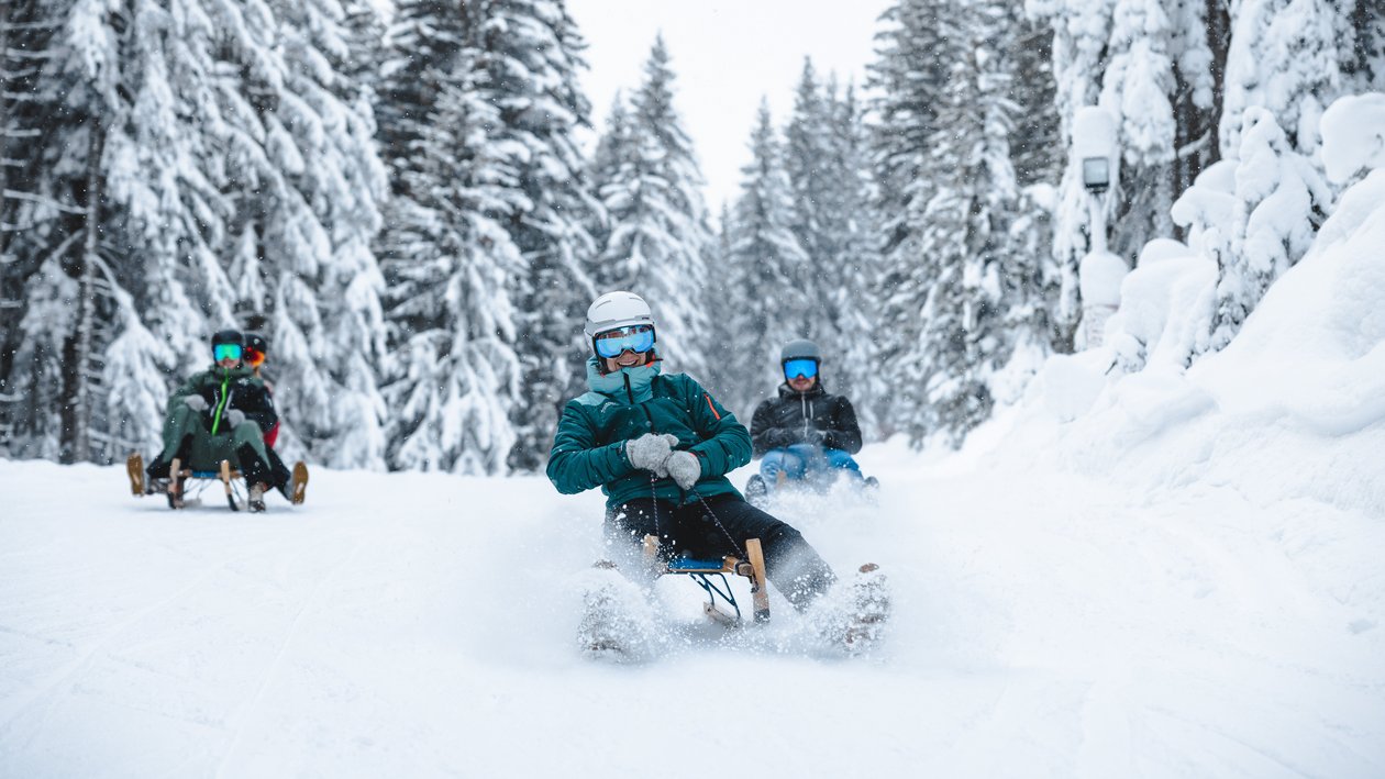 Schneevergnügen beim Rodeln Drei Personen rodeln einen verschneiten Hang hinunter, umgeben von hohen Nadelbäumen.